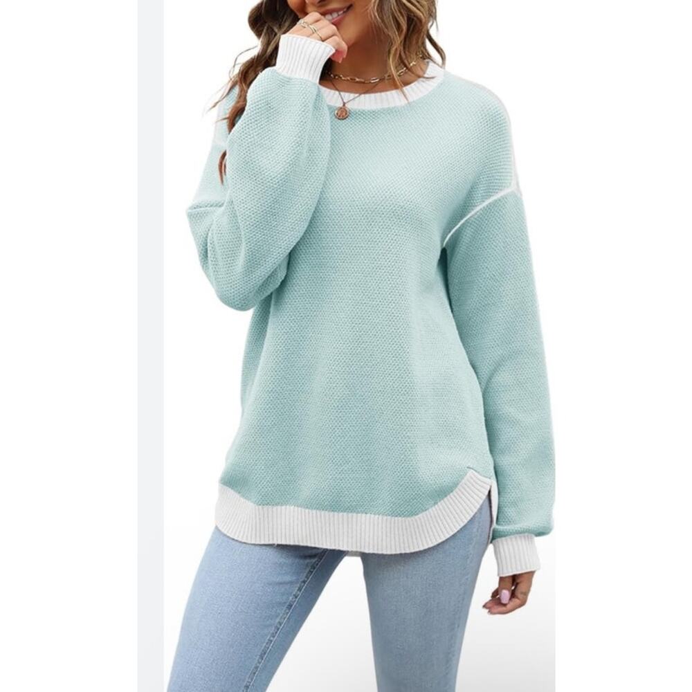 ETCYY NWT Blue White‎ Trim Long Balloon Sleeve Waffle Knit Plush Sweater Size M